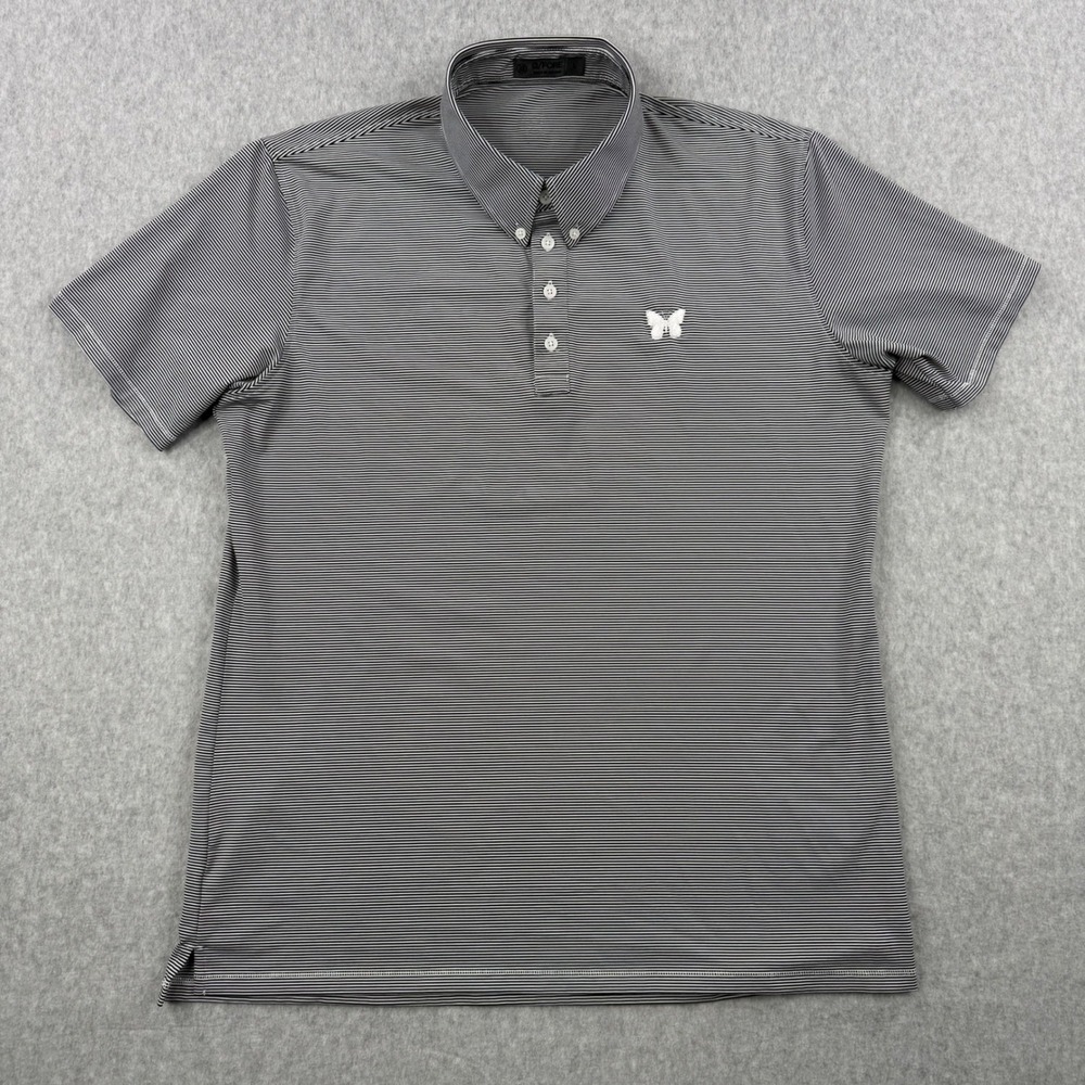 G/FORE Polo Shirt Mens Large Black White Striped Butterfly Logo Button Down Golf